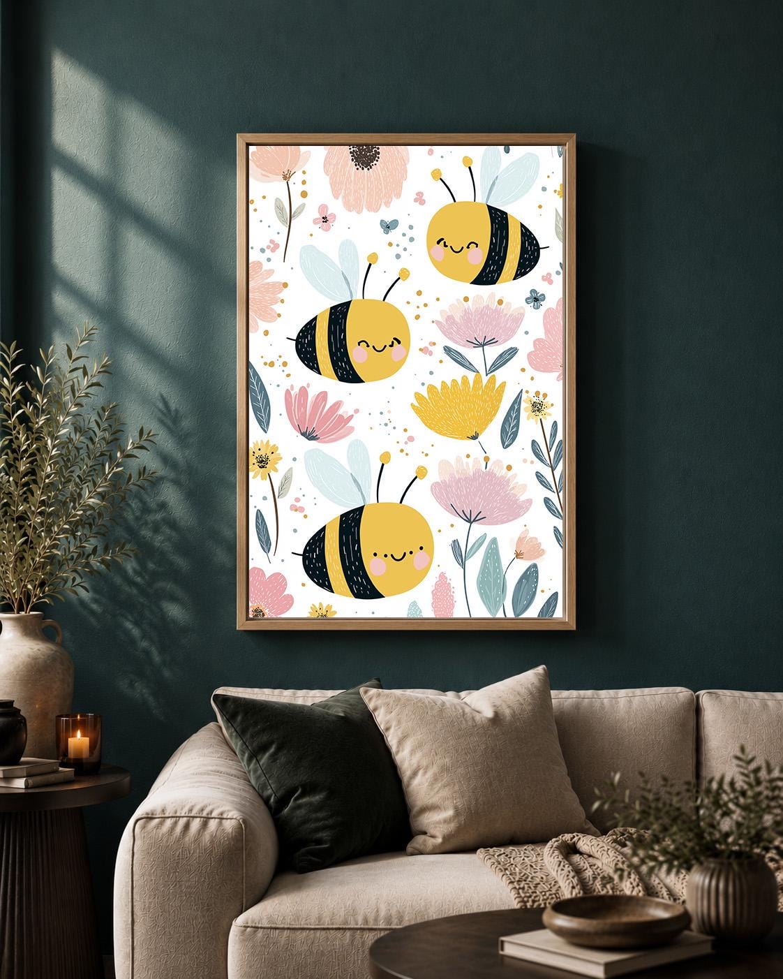 Bee Floral Framed Canvas Art, Whimsical Nursery Animal Print, Baby Room Decor by The Wall Art Studio - physical