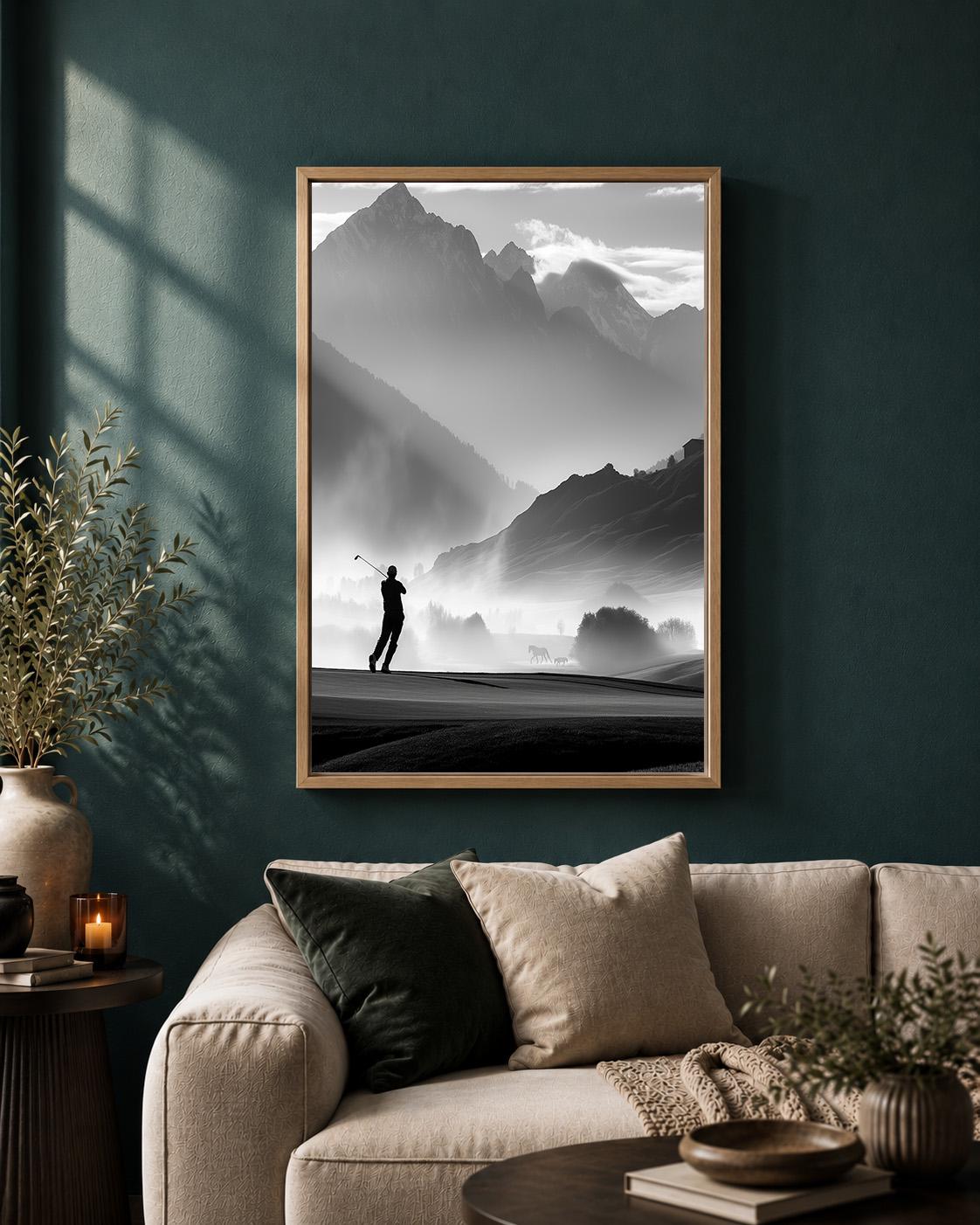 Black and White Golf Course Framed Canvas, Mountain Golfer Artwork, Minimalist Decor by The Wall Art Studio - physical