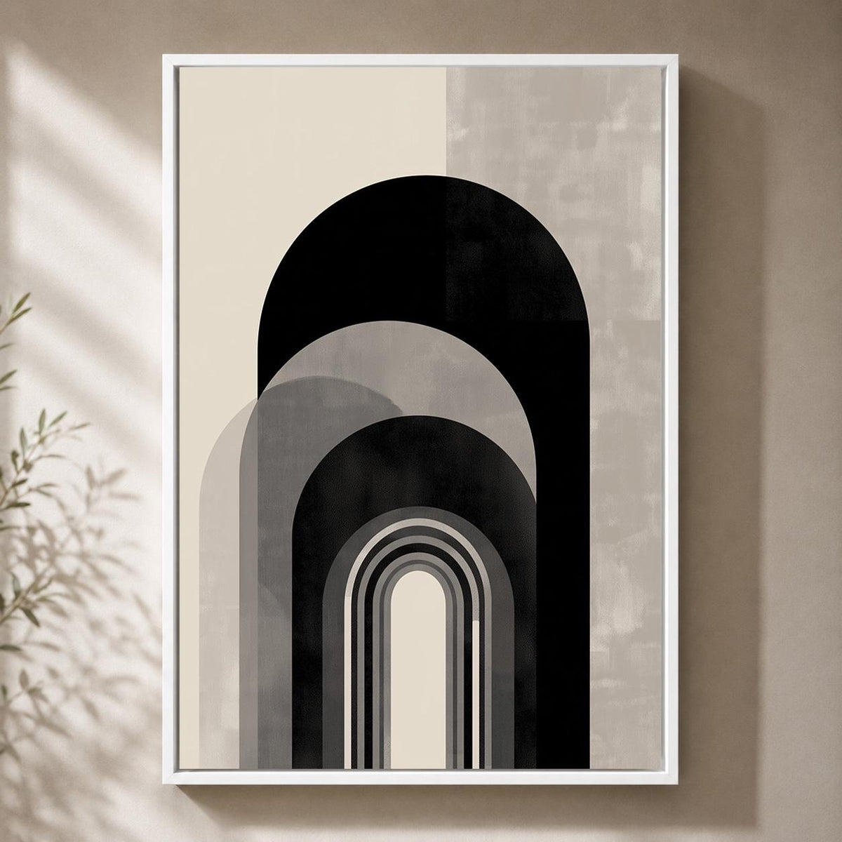 Black Beige Abstract Arch Wall Art, Minimalist Geometric Framed Canvas Print, Neutral Modern Boho Decor, Scandinavian Artw...