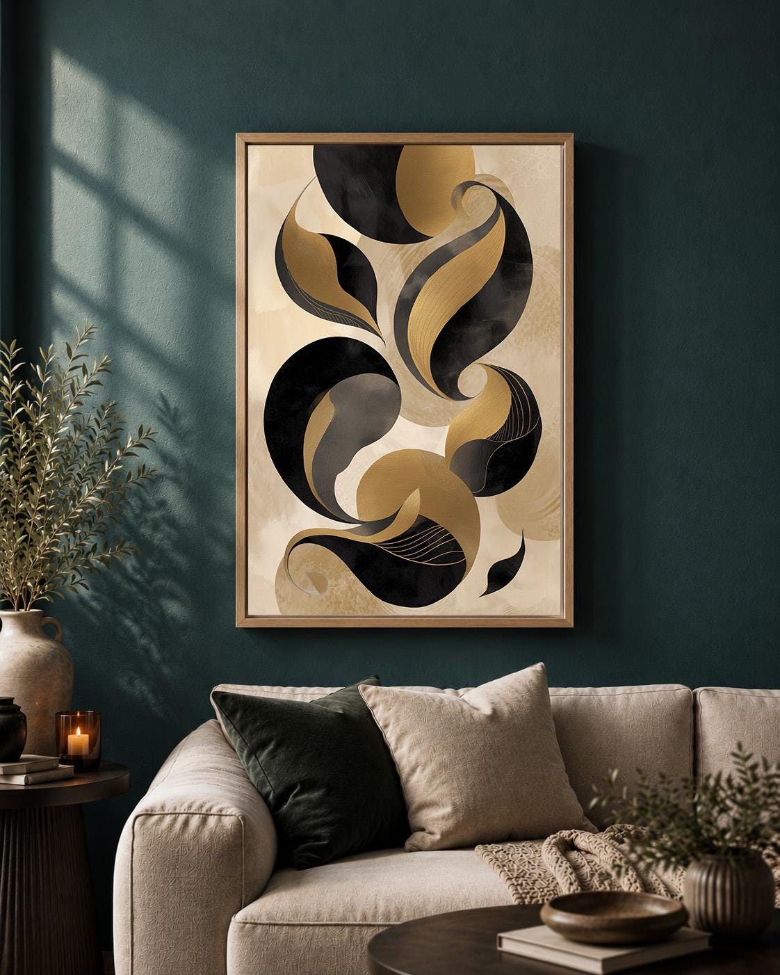 Black Gold Abstract Framed Canvas Print, Luxe Modern Geometric Wall Art by The Wall Art Studio - physical
