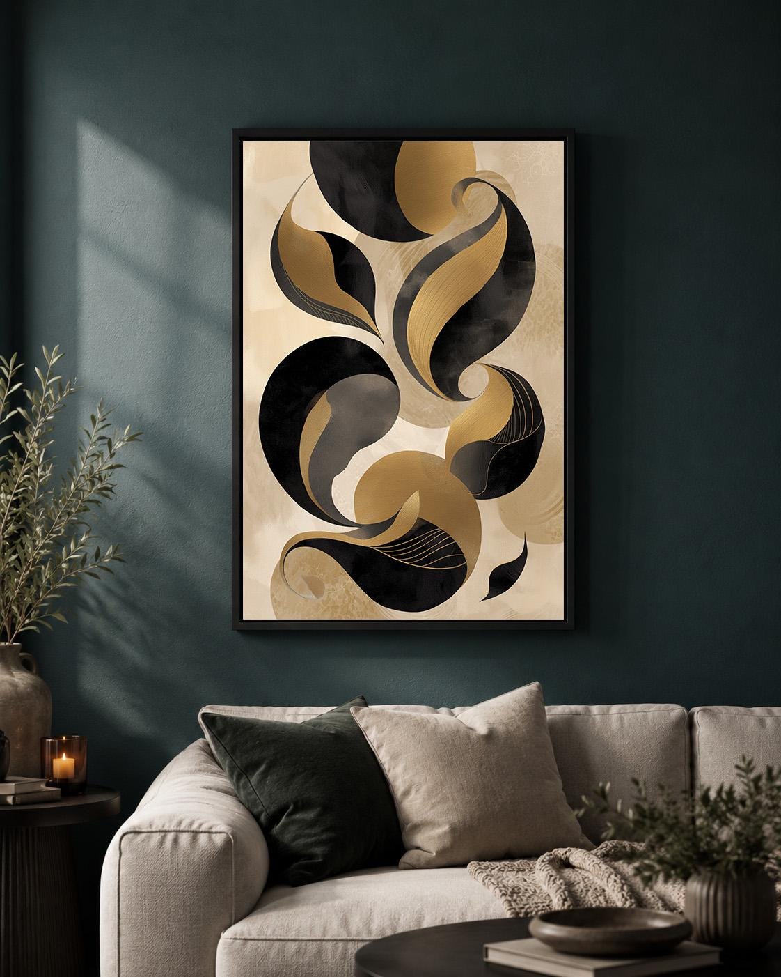 Black Gold Abstract Framed Canvas Print, Luxe Modern Geometric Wall Art by The Wall Art Studio - physical