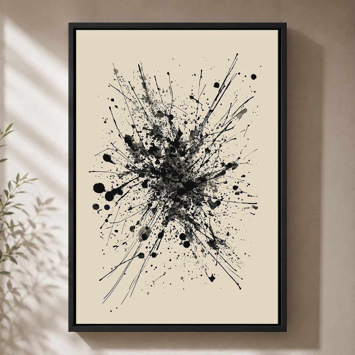 Black Ink Splatter Framed Canvas Print, Minimalist Monochrome Wall Art, Framed Splash Decor by The Wall Art Studio - physical