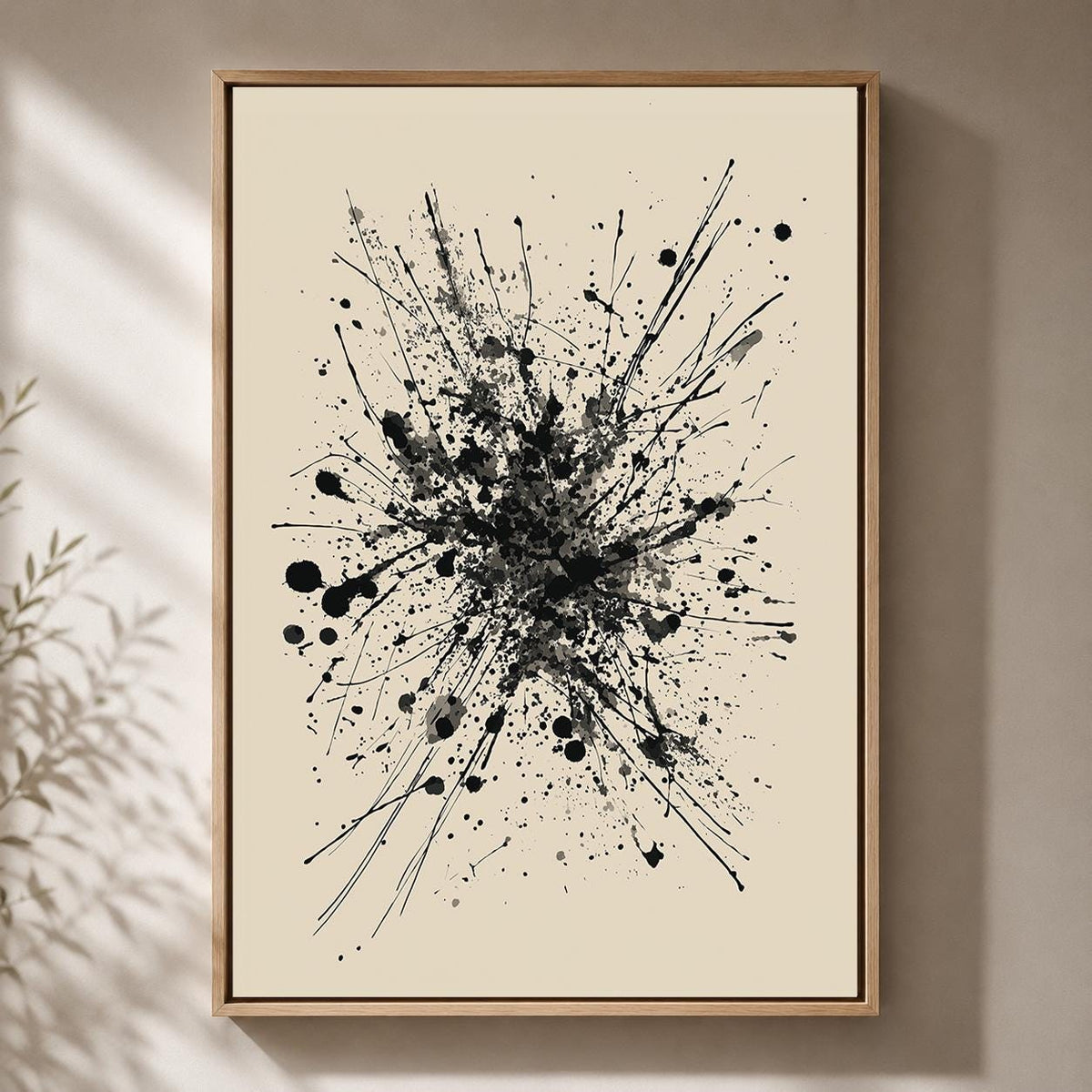 Black Ink Splatter Framed Canvas Print, Minimalist Monochrome Wall Art, Framed Splash Decor by The Wall Art Studio - physical