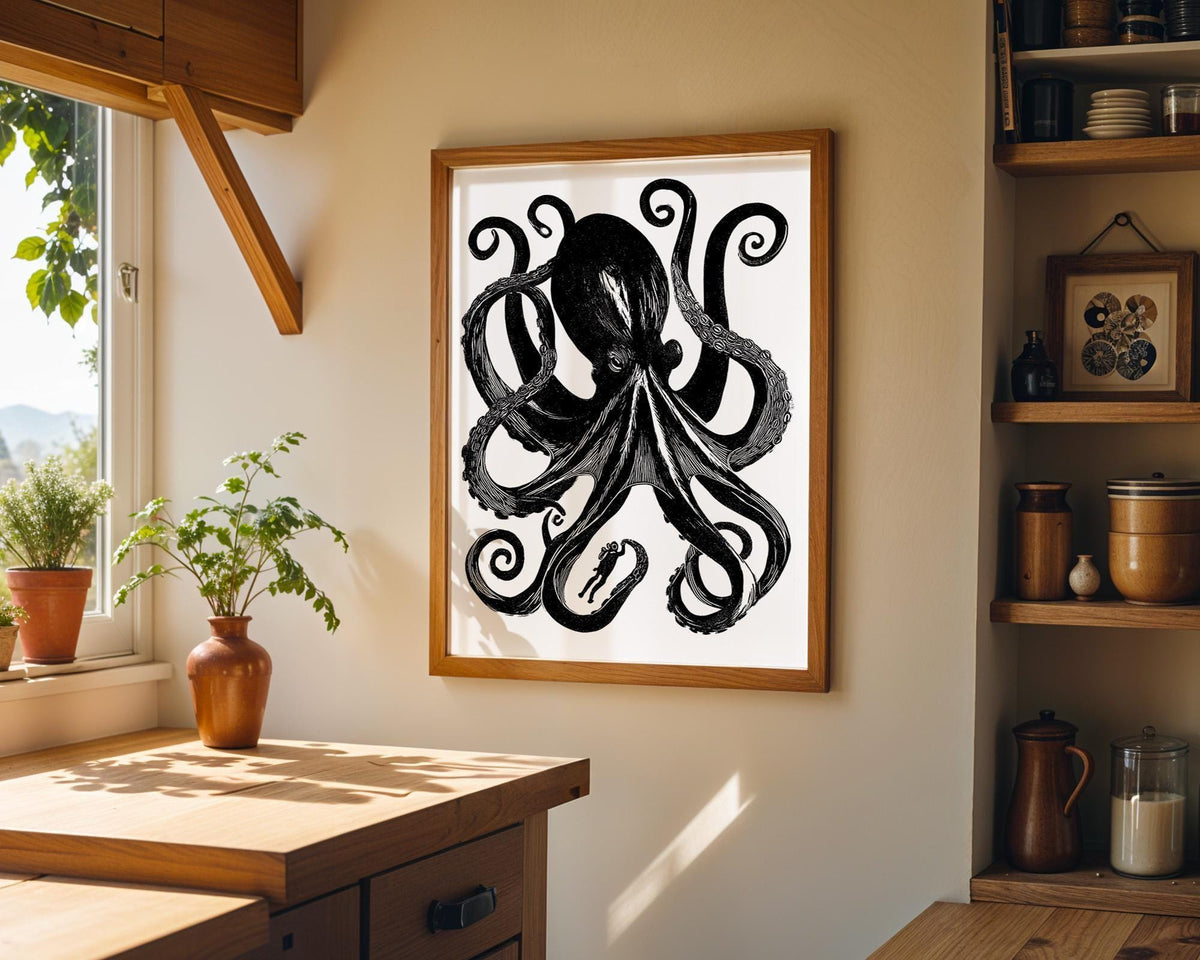 Black Octopus Vintage Sea Creature Print, Nautical Coastal Ocean Gothic Decor (Framed Option) by The Wall Art Studio - phy...