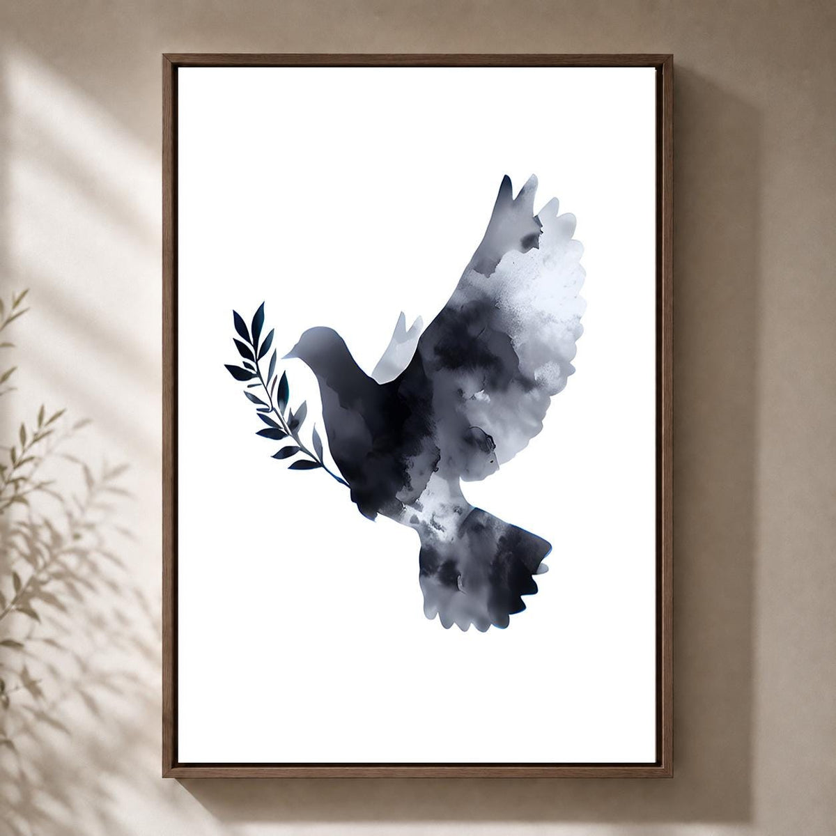 Black Peace Dove Framed Canvas Art, Monochrome Watercolor Bird, Minimalist Hope Decor by The Wall Art Studio - physical