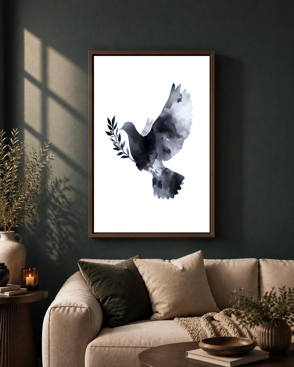 Black Peace Dove Framed Canvas Art, Monochrome Watercolor Bird, Minimalist Hope Decor by The Wall Art Studio - physical