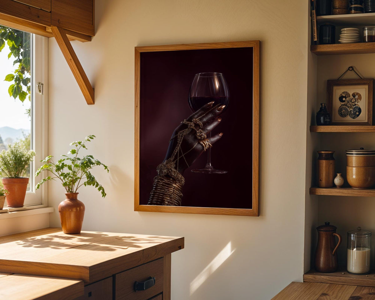 Black Power Wall Art – Luxury Afrocentric Still Life with Wine Glass & Gold Jewellery, Bold Black Excellence Décor by The...