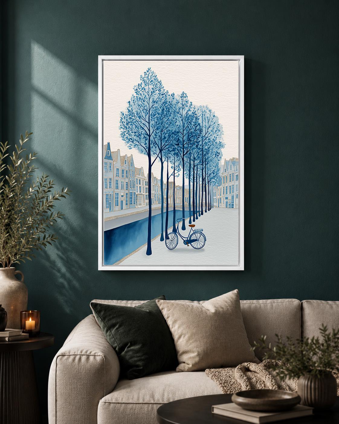 Blue Canal Bicycle Framed Canvas Print, Dutch Cityscape European Street Art, Coastal Framed Decor by The Wall Art Studio -...