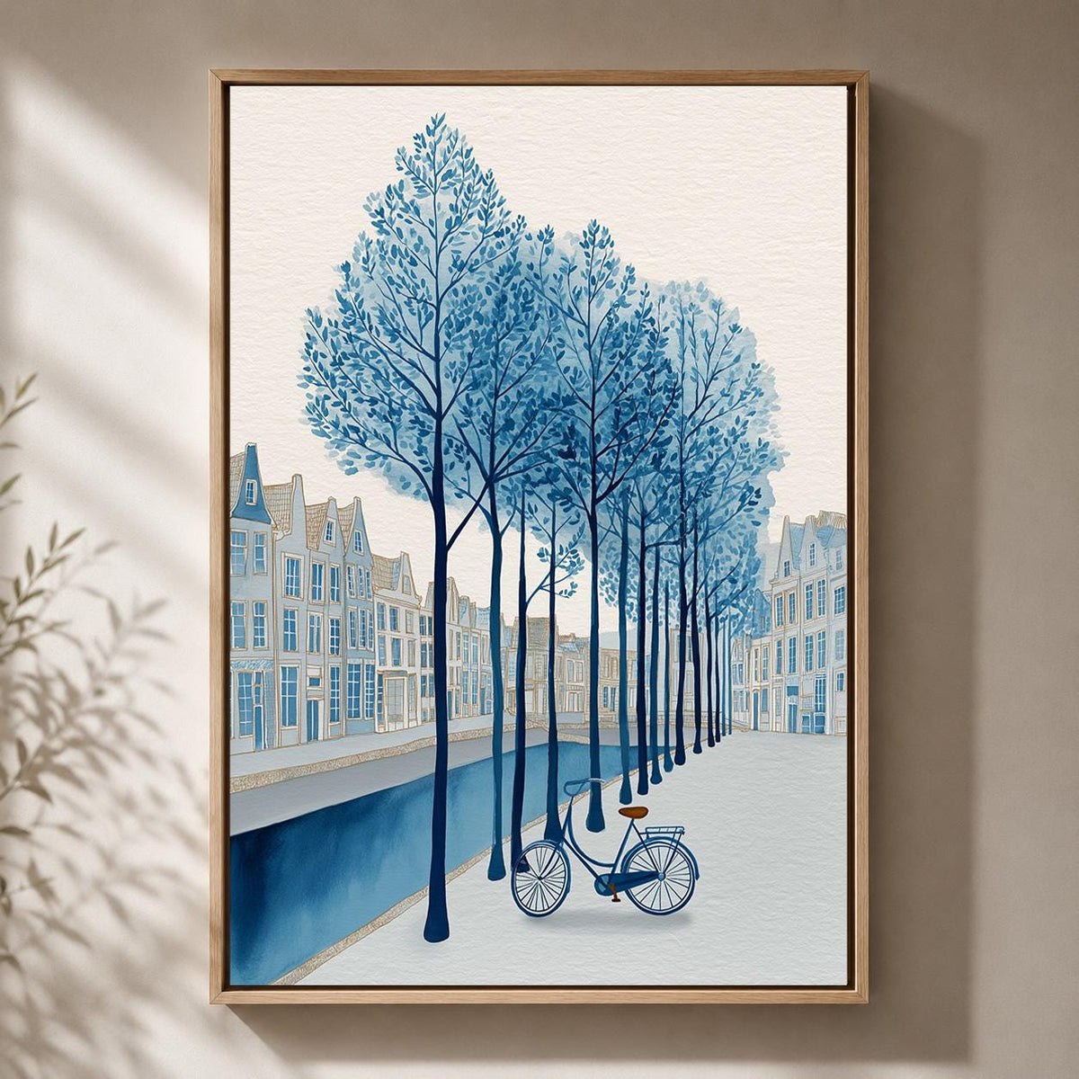 Blue Canal Bicycle Framed Canvas Print, Dutch Cityscape European Street Art, Coastal Framed Decor by The Wall Art Studio -...