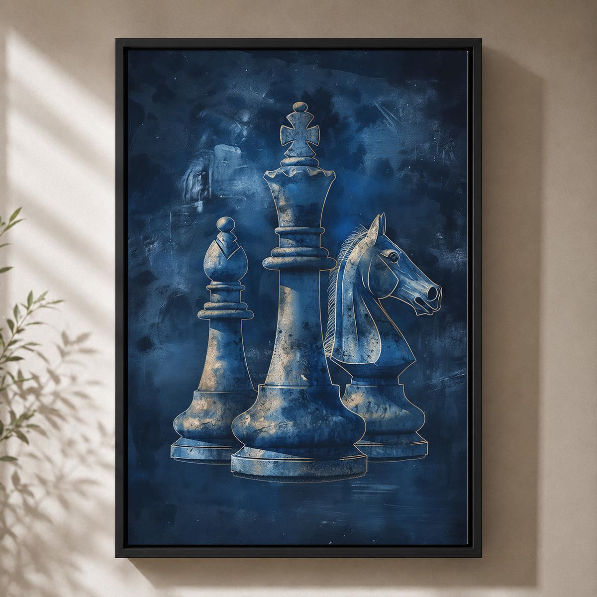 Blue Chess Framed Canvas Art, King, Bishop, Knight Print, Masculine Office Decor by The Wall Art Studio - physical