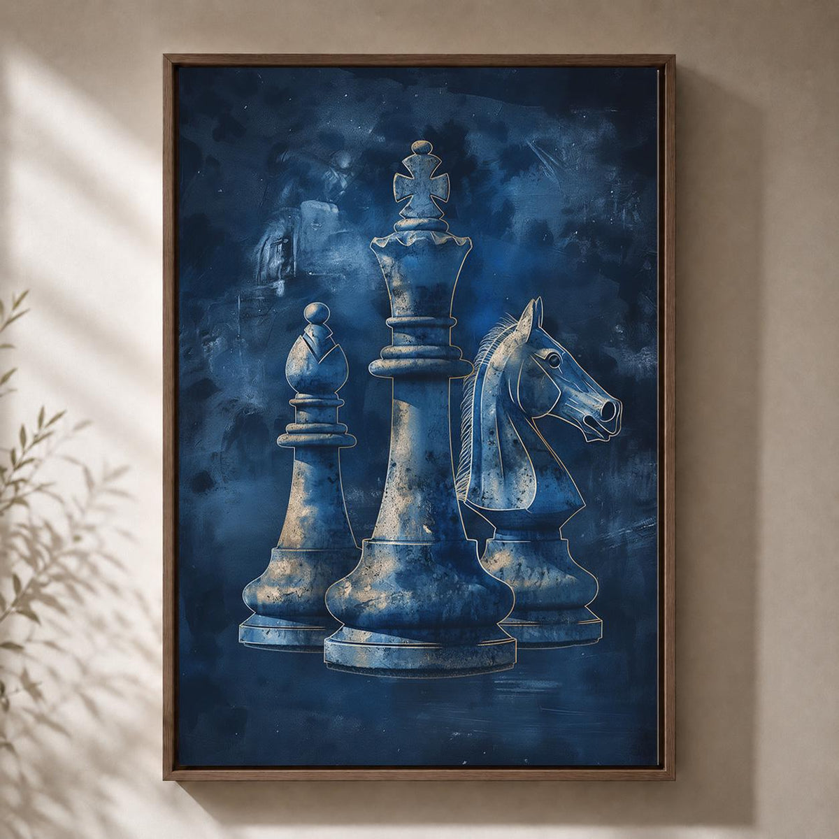 Blue Chess Framed Canvas Art, King, Bishop, Knight Print, Masculine Office Decor by The Wall Art Studio - physical