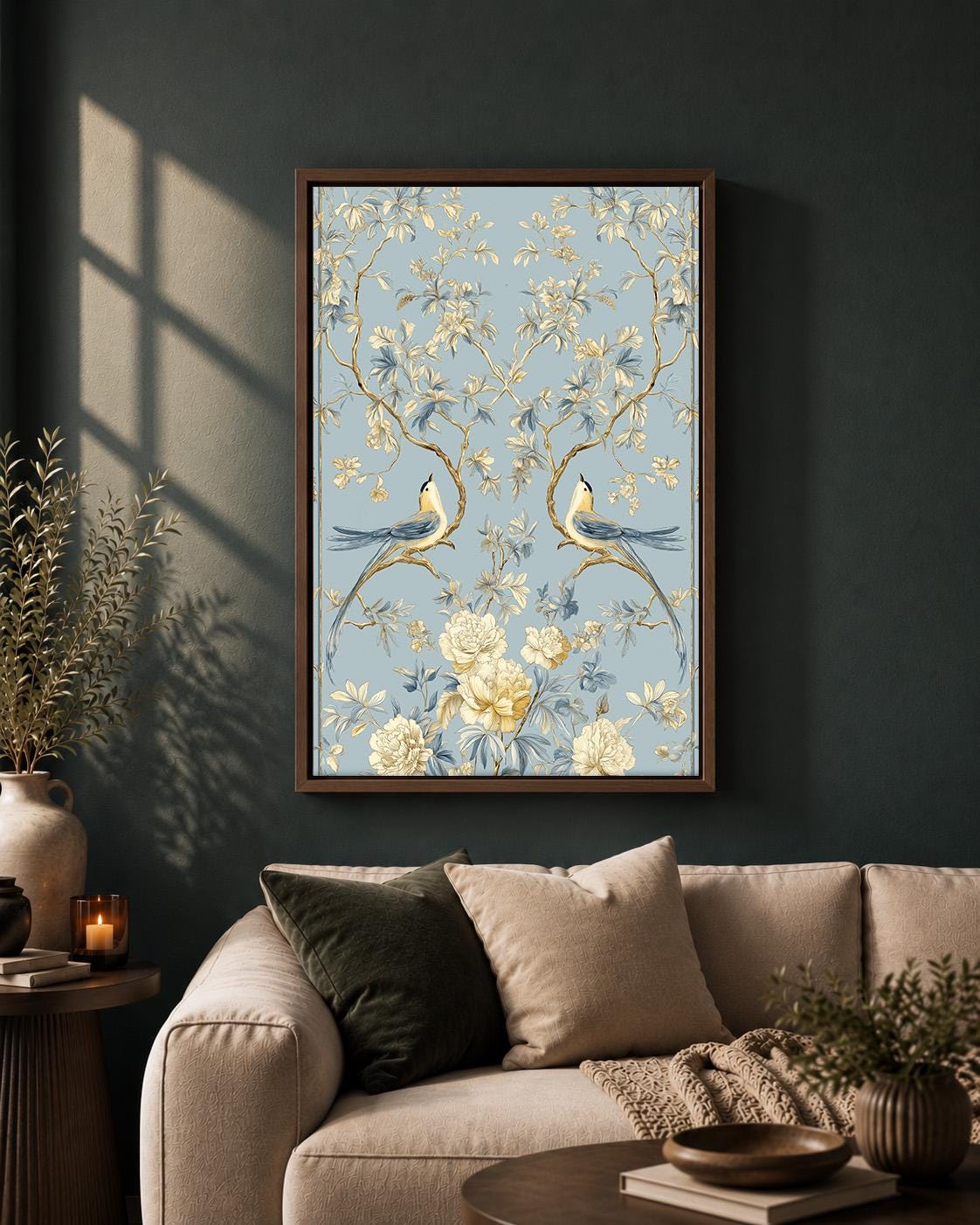 Blue Chinoiserie Bird Framed Canvas Art, Vintage Floral Wallpaper Print, Elegant Cottagecore Decor by The Wall Art Studio...