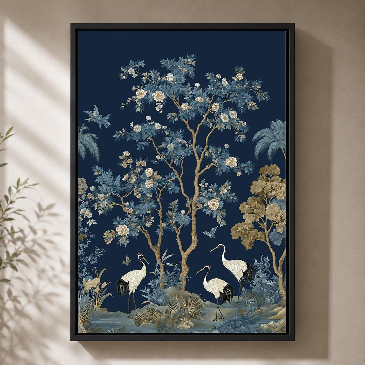 Blue Chinoiserie Crane Blossom Tree Framed Canvas Art, Asian Botanical Framed Decor by The Wall Art Studio - physical