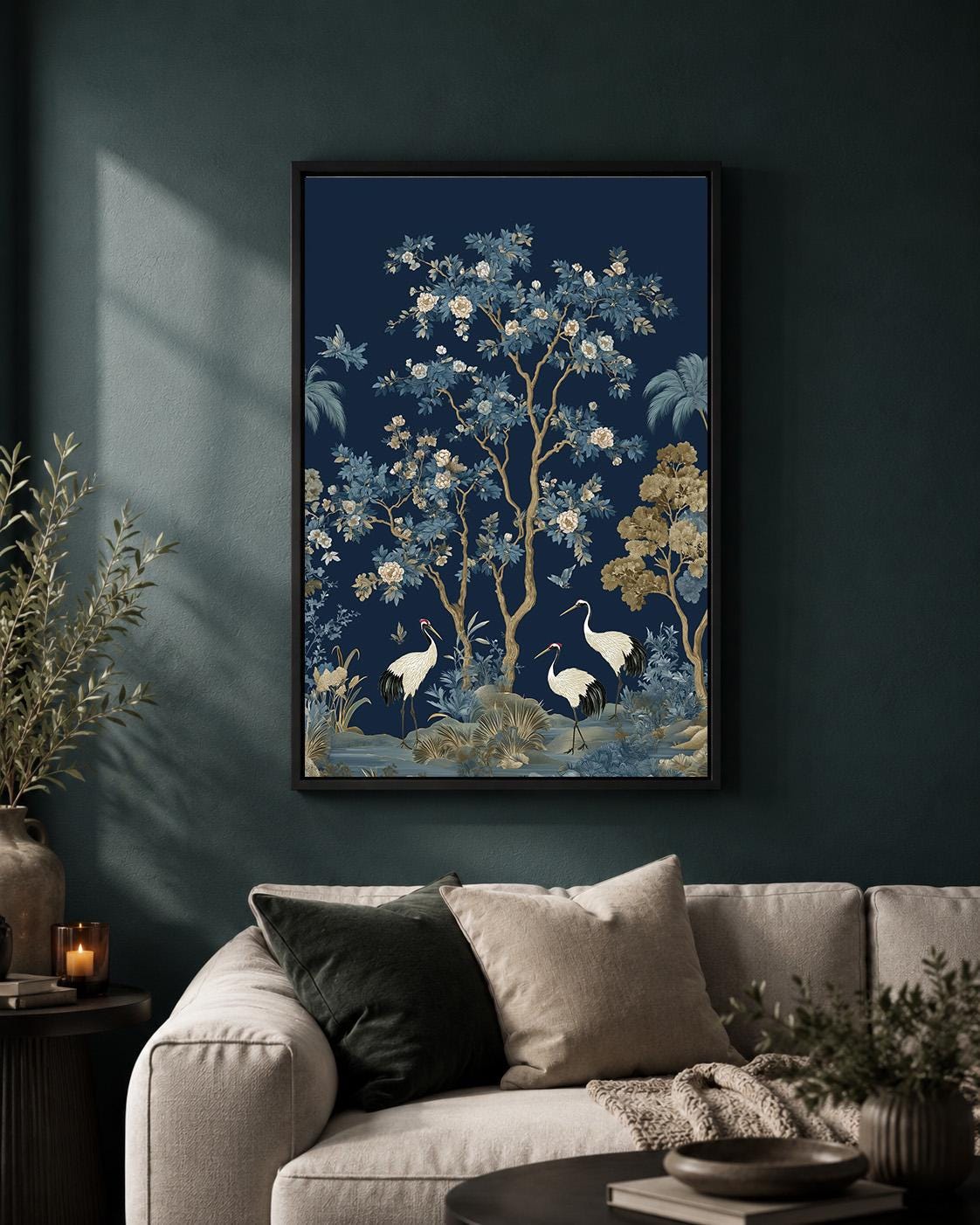 Blue Chinoiserie Crane Blossom Tree Framed Canvas Art, Asian Botanical Framed Decor by The Wall Art Studio - physical