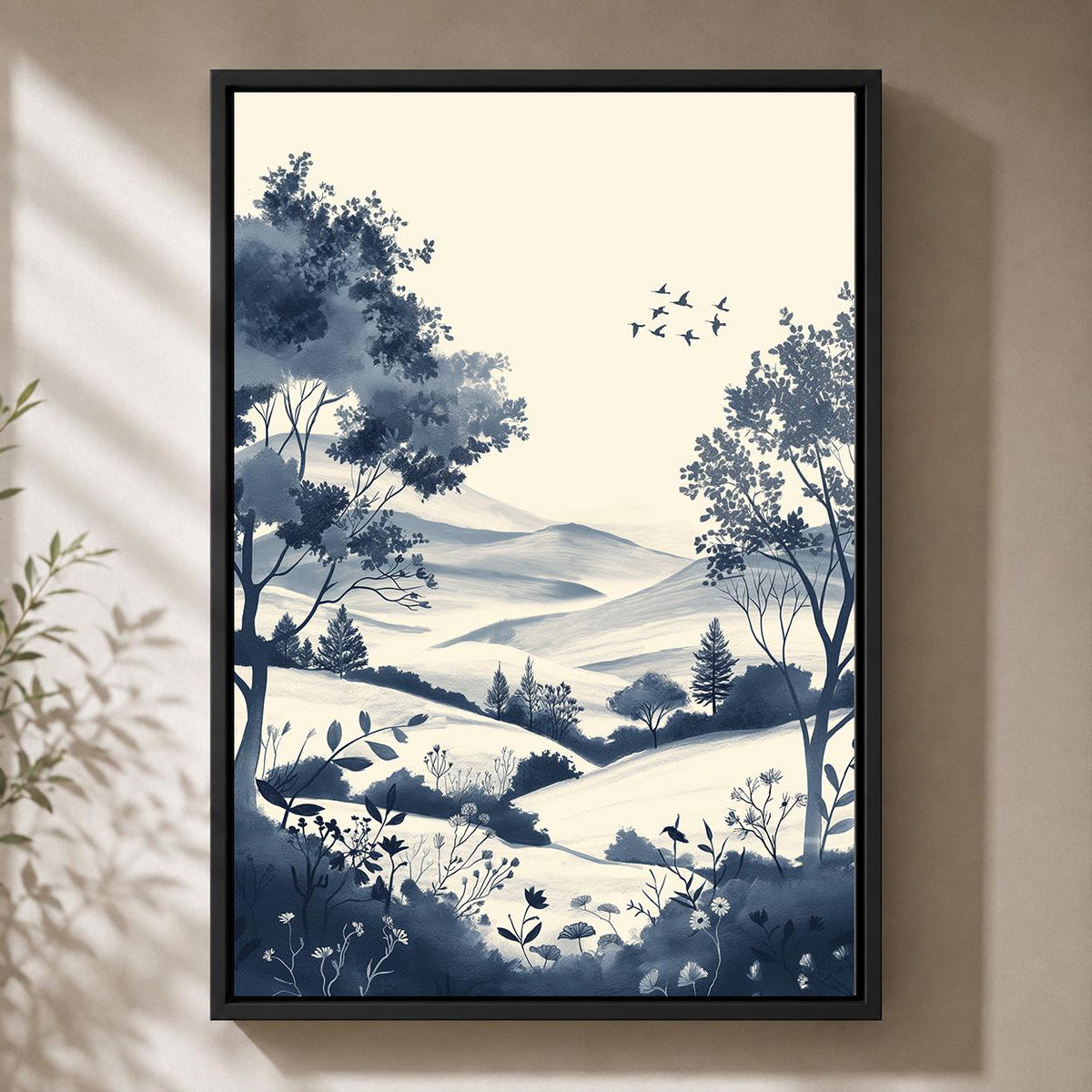 Blue Chinoiserie Landscape Framed Canvas Art, Coastal Cottage Scenic Print by The Wall Art Studio - physical
