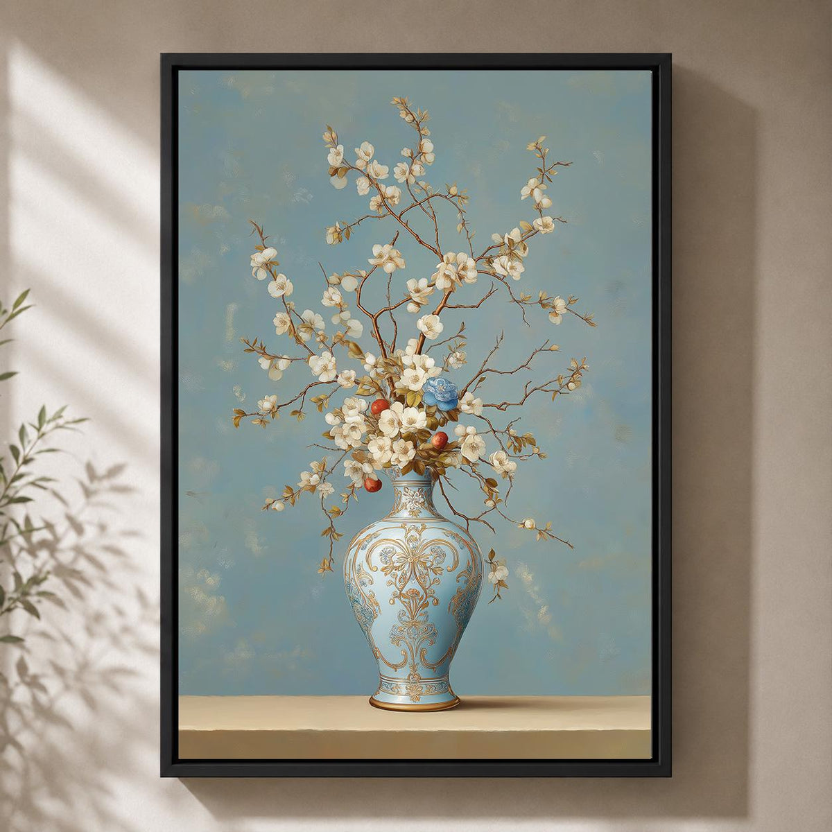 Blue Chinoiserie Vase Floral Framed Canvas Art, Grandmillennial Botanical Print by The Wall Art Studio - physical