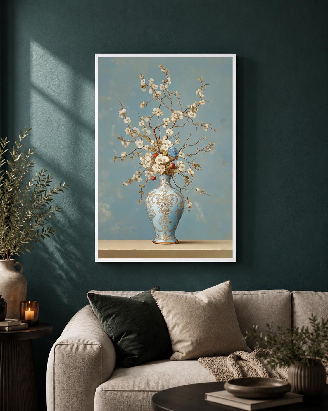 Blue Chinoiserie Vase Floral Framed Canvas Art, Grandmillennial Botanical Print by The Wall Art Studio - physical