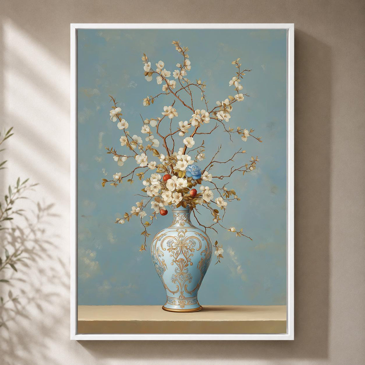 Blue Chinoiserie Vase Floral Framed Canvas Art, Grandmillennial Botanical Print by The Wall Art Studio - physical