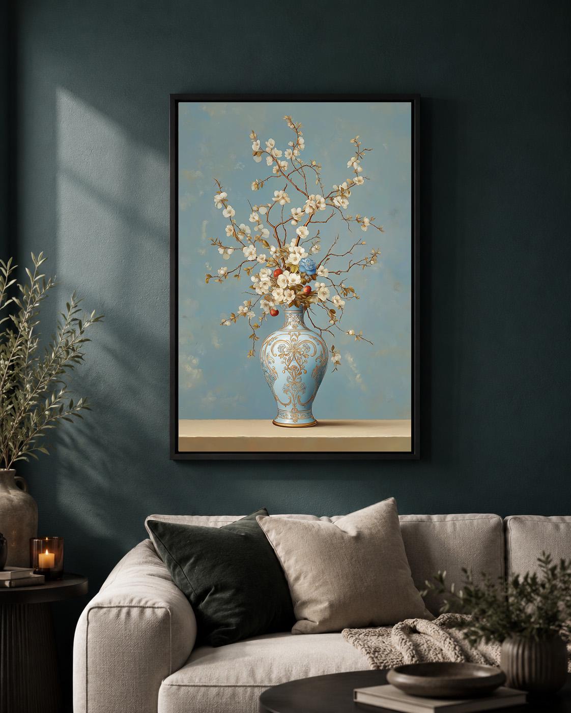 Blue Chinoiserie Vase Floral Framed Canvas Art, Grandmillennial Botanical Print by The Wall Art Studio - physical