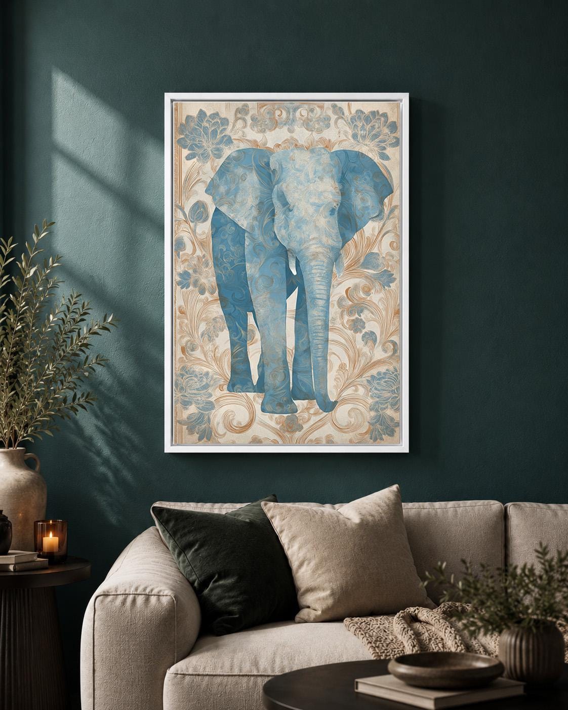 Blue Elephant Botanical Framed Canvas Wall Art, French Country Animal Decor by The Wall Art Studio - physical