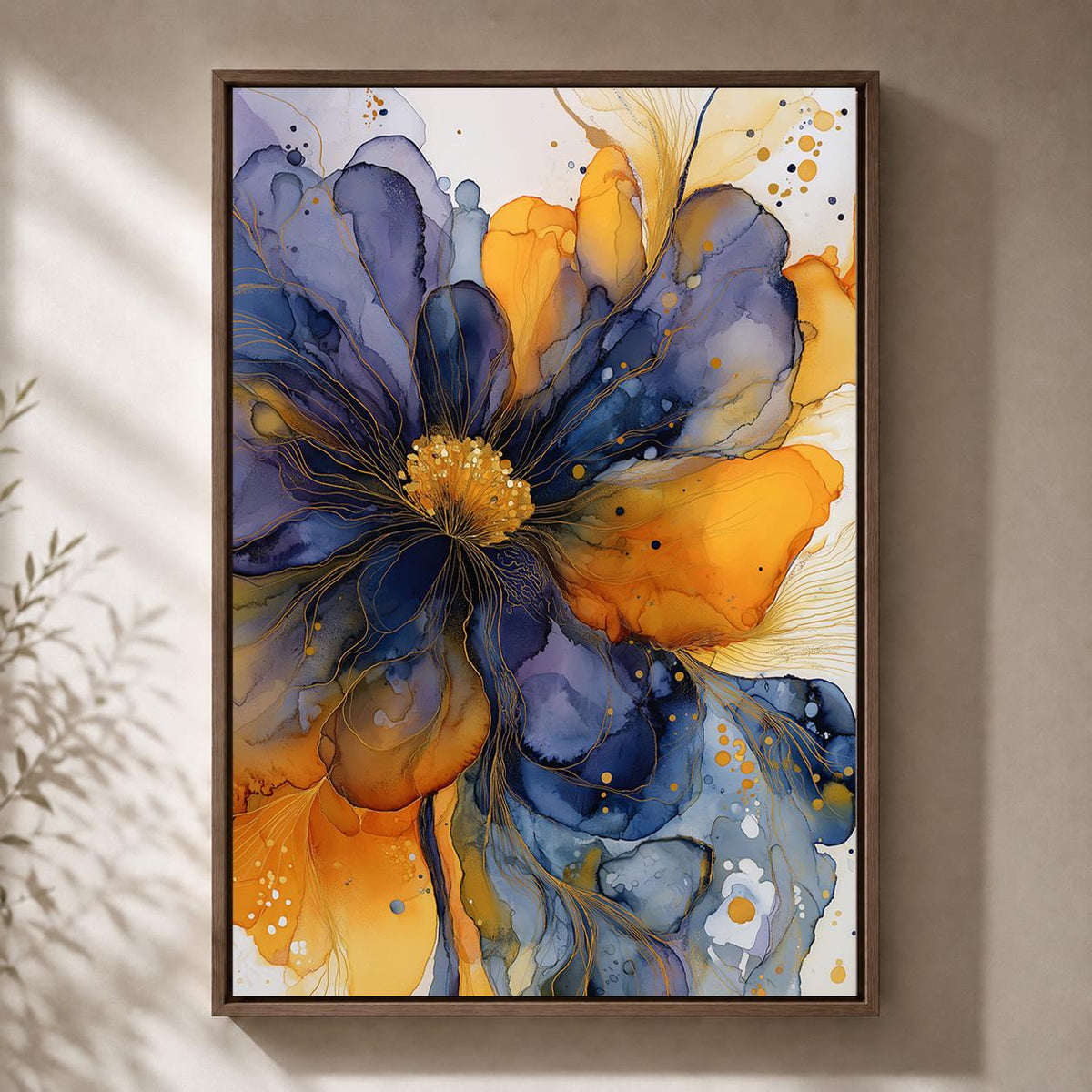 Blue Gold Abstract Floral Framed Canvas Art, Modern Alcohol Ink Flower Print, Botanical Decor by The Wall Art Studio - phy...