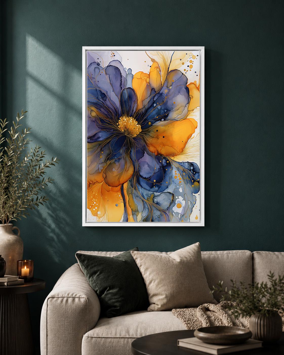 Blue Gold Abstract Floral Framed Canvas Art, Modern Alcohol Ink Flower Print, Botanical Decor by The Wall Art Studio - phy...