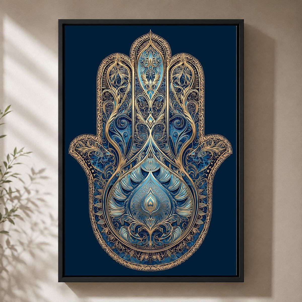 Blue Hamsa Hand Framed Canvas Art, Boho Spiritual Decor, Evil Eye Protection, Moroccan Style by The Wall Art Studio - phys...