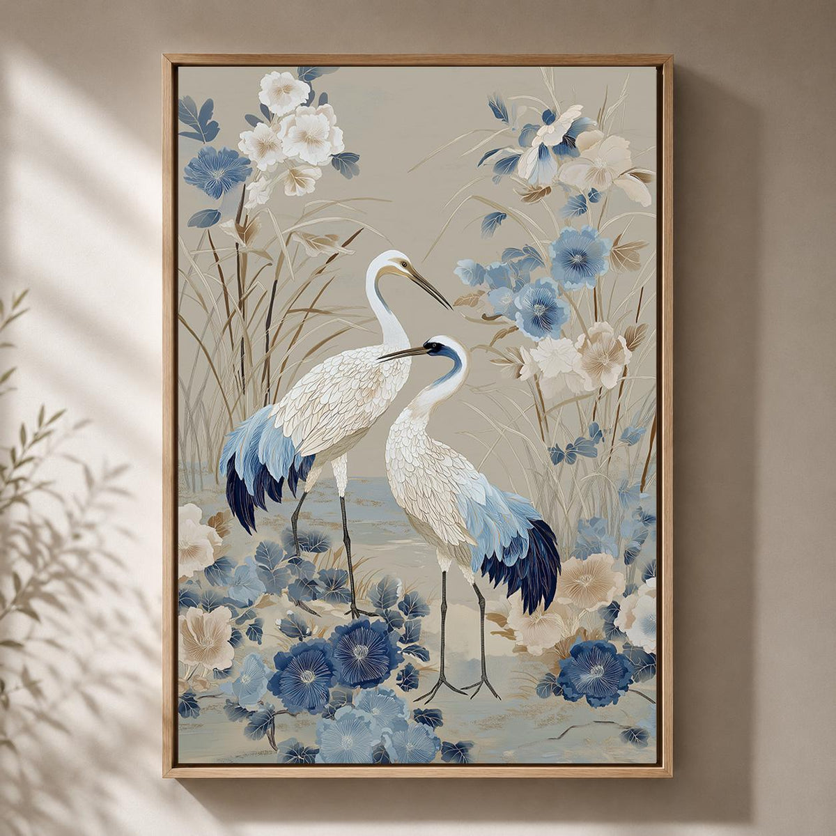 Blue Heron Chinoiserie Framed Canvas Art, Vintage Floral Bird Print, Coastal Cottagecore Decor by The Wall Art Studio - ph...