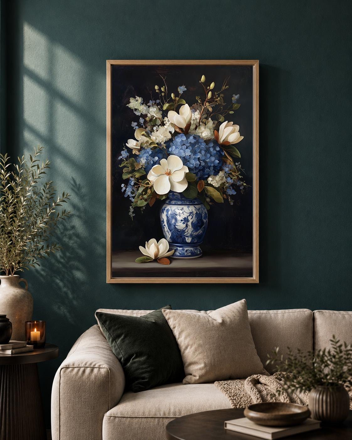 Blue Hydrangea & Magnolia Framed Canvas Wall Art, Chinoiserie Floral Vase Print, Elegant Botanical Home Decor by The Wall...
