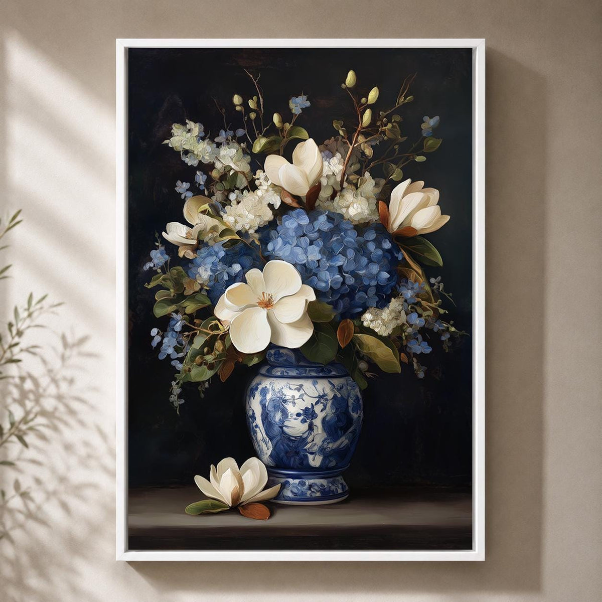 Blue Hydrangea & Magnolia Framed Canvas Wall Art, Chinoiserie Floral Vase Print, Elegant Botanical Home Decor by The Wall...