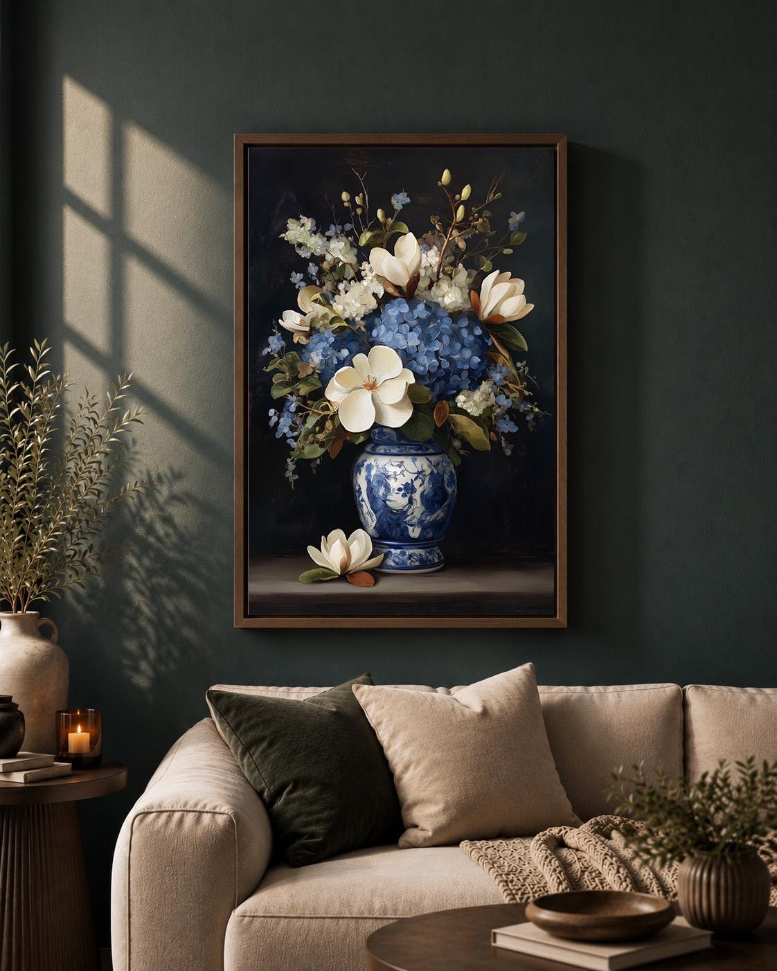 Blue Hydrangea & Magnolia Framed Canvas Wall Art, Chinoiserie Floral Vase Print, Elegant Botanical Home Decor by The Wall...
