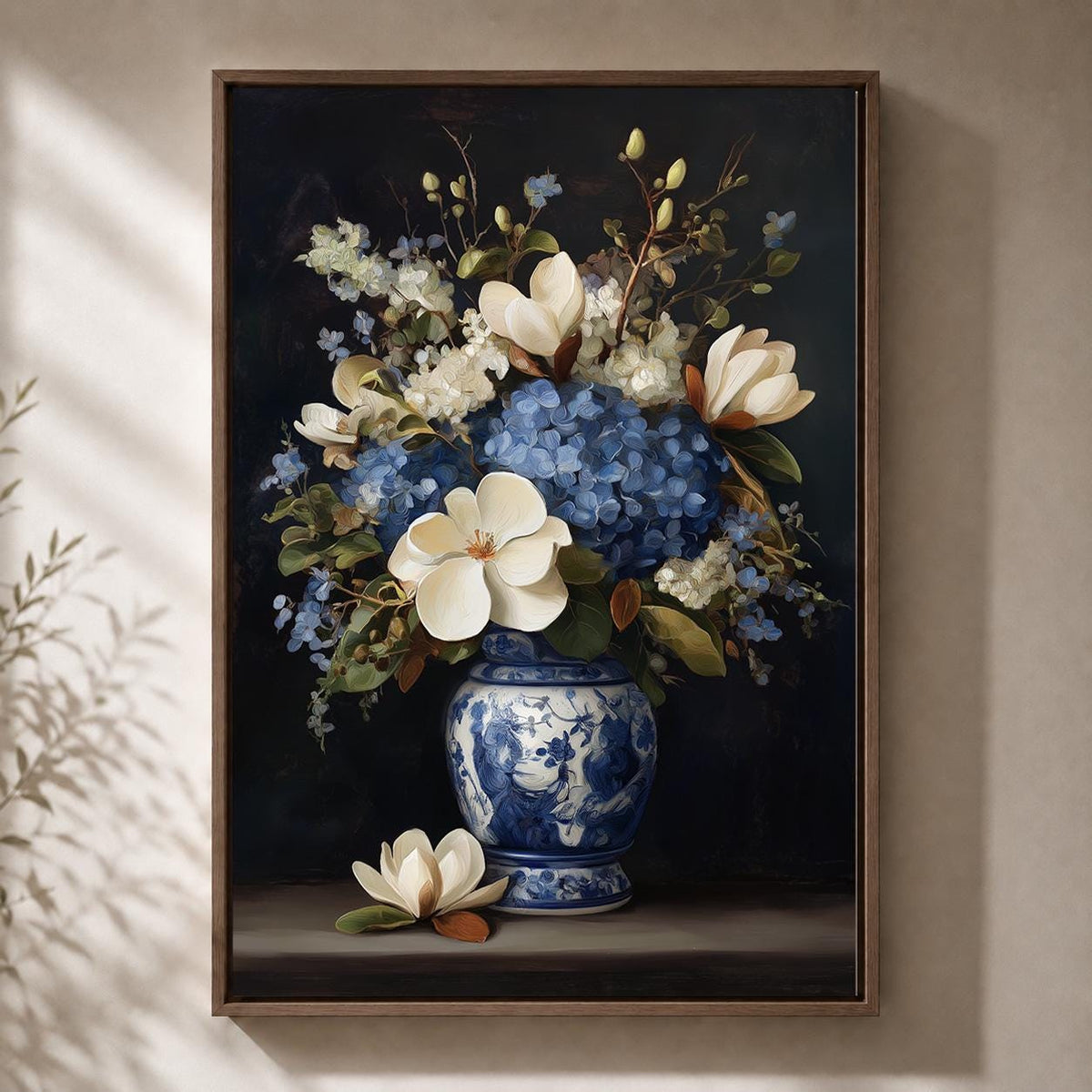 Blue Hydrangea & Magnolia Framed Canvas Wall Art, Chinoiserie Floral Vase Print, Elegant Botanical Home Decor by The Wall...