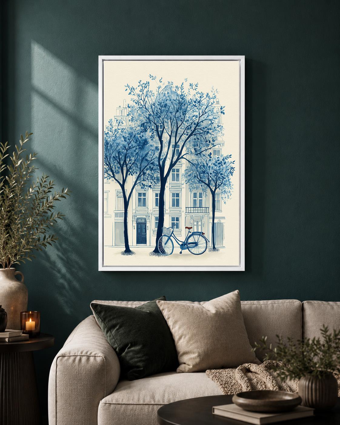 Blue Paris Bicycle Chinoiserie Framed Canvas Print, French Street European Cityscape Decor by The Wall Art Studio - physical