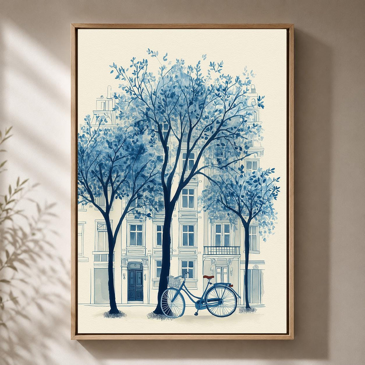 Blue Paris Bicycle Chinoiserie Framed Canvas Print, French Street European Cityscape Decor by The Wall Art Studio - physical