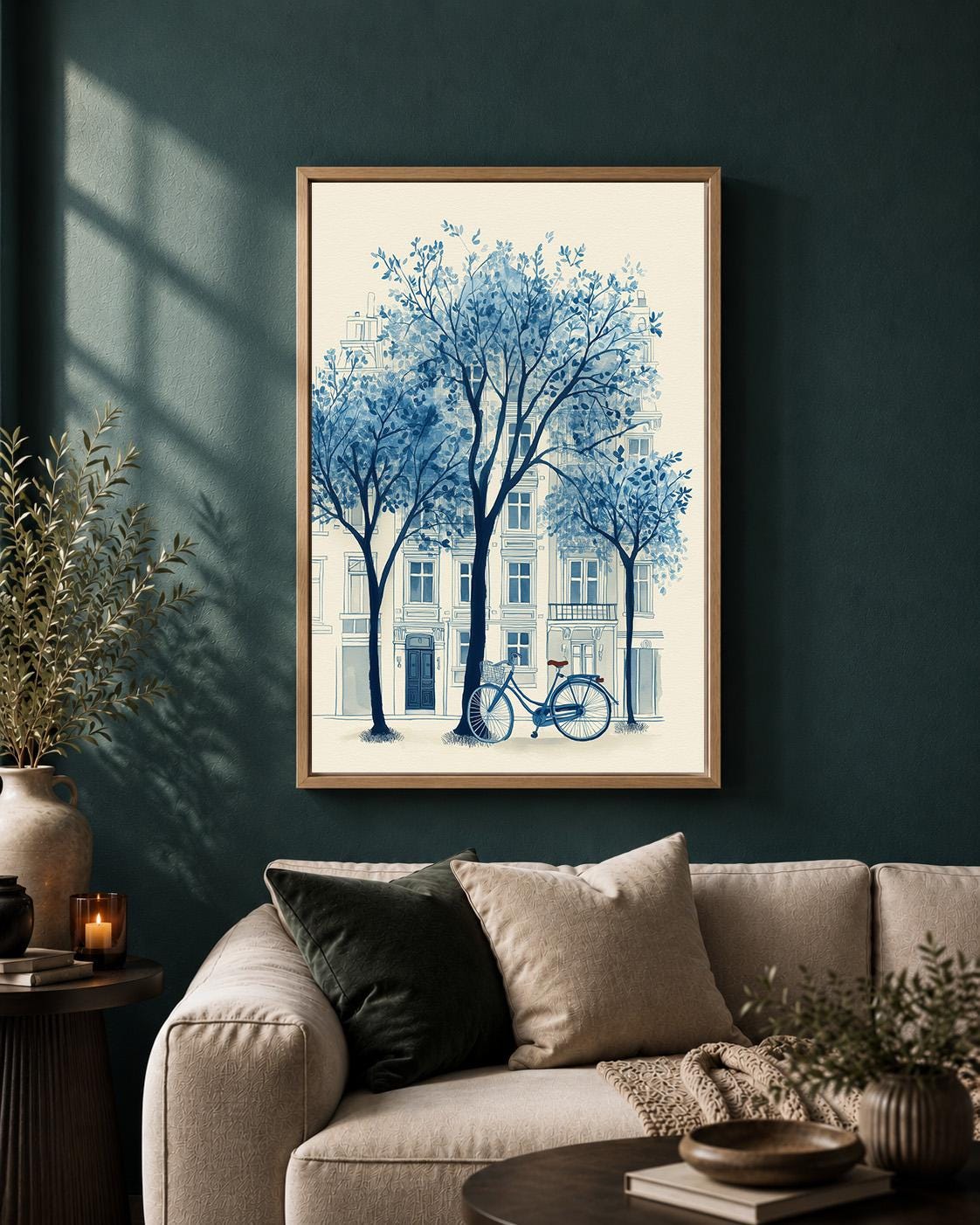 Blue Paris Bicycle Chinoiserie Framed Canvas Print, French Street European Cityscape Decor by The Wall Art Studio - physical