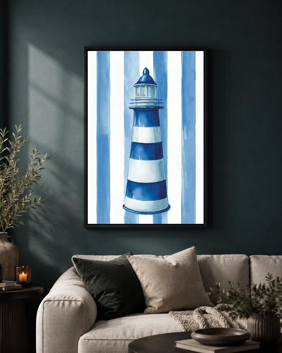 Blue Striped Lighthouse Framed Canvas Art, Coastal Nautical Beach House Decor by The Wall Art Studio - physical