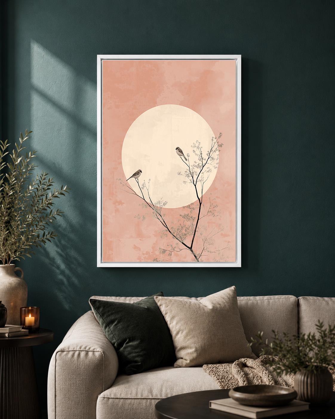 Blush Pink Moon Birds Framed Canvas Art, Minimalist Japandi Botanical Print by The Wall Art Studio - physical
