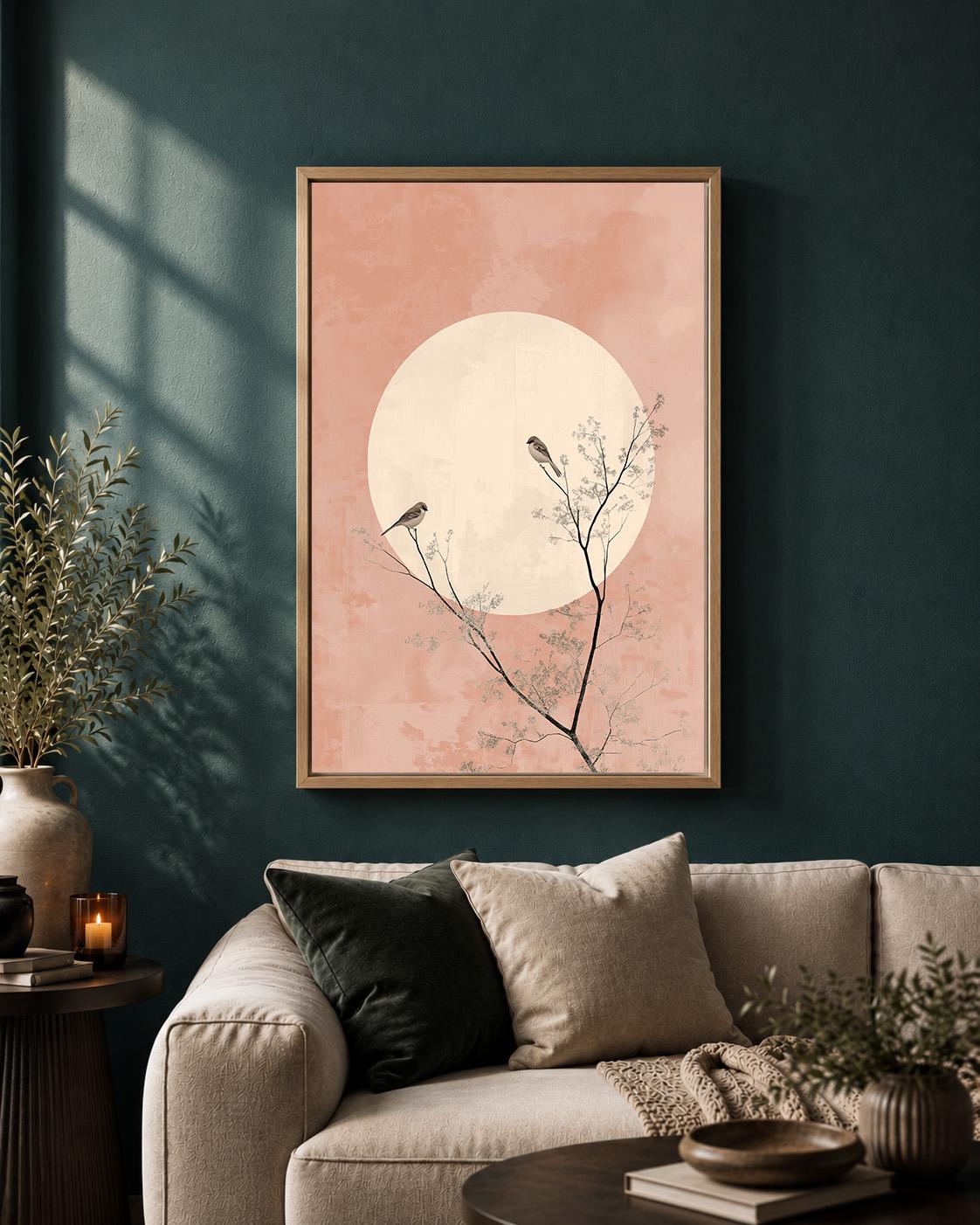 Blush Pink Moon Birds Framed Canvas Art, Minimalist Japandi Botanical Print by The Wall Art Studio - physical