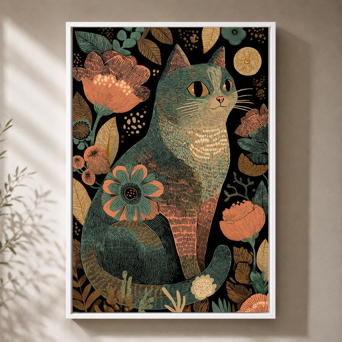 Boho Cat Floral Folk Art Framed Canvas Print, Whimsical Pet Wall Decor by The Wall Art Studio - physical