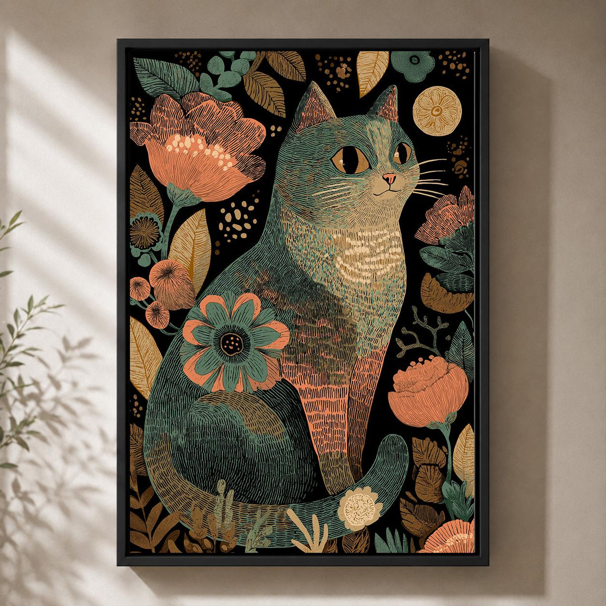 Boho Cat Floral Folk Art Framed Canvas Print, Whimsical Pet Wall Decor by The Wall Art Studio - physical