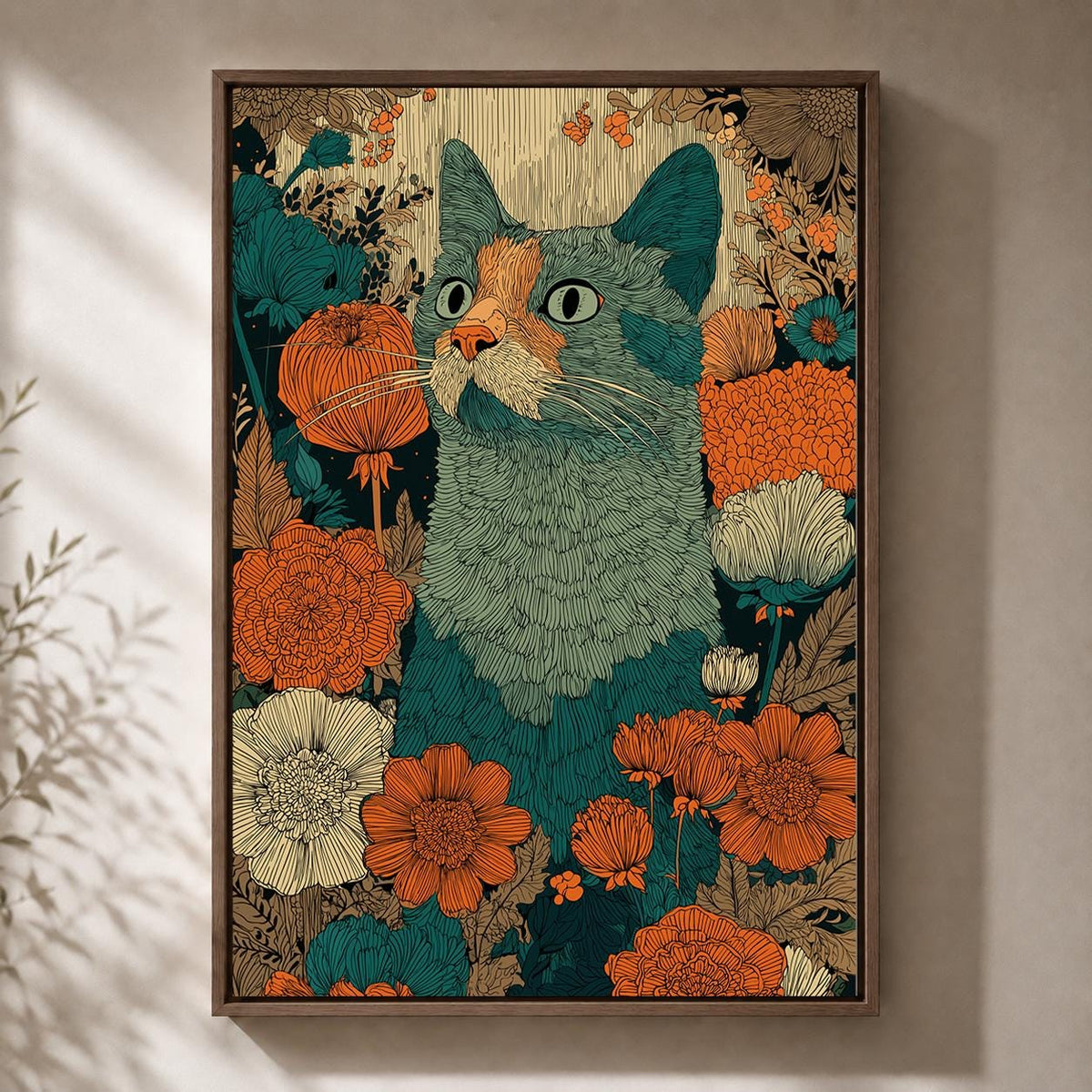 Boho Cat Floral Framed Canvas Art, Teal Orange Folk Whimsical Pet Decor by The Wall Art Studio - physical