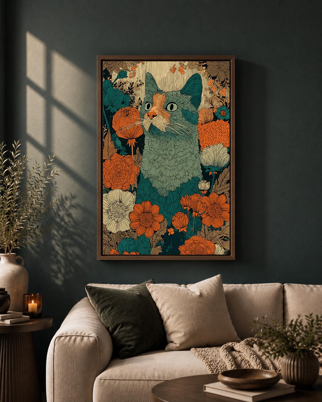 Boho Cat Floral Framed Canvas Art, Teal Orange Folk Whimsical Pet Decor by The Wall Art Studio - physical