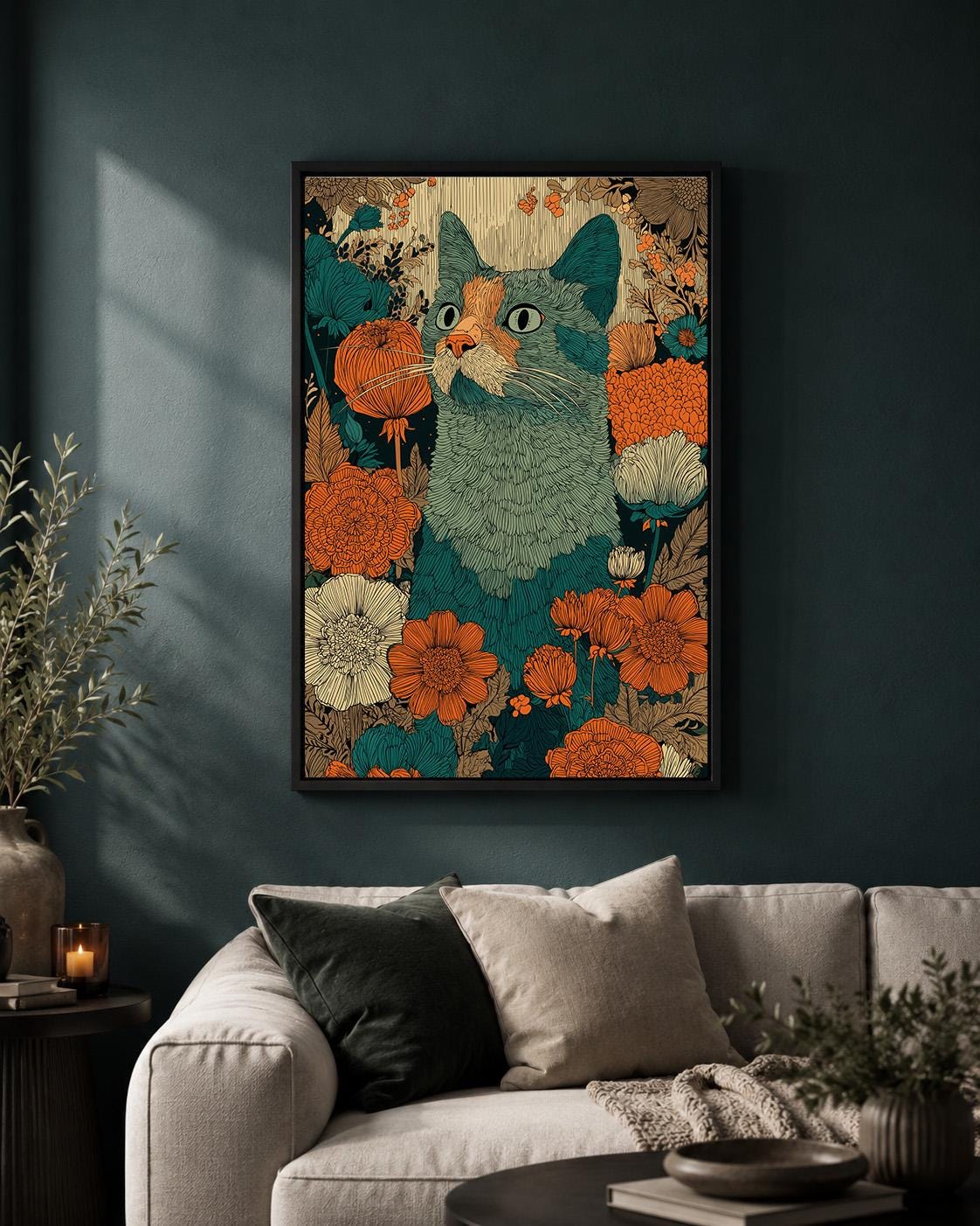 Boho Cat Floral Framed Canvas Art, Teal Orange Folk Whimsical Pet Decor by The Wall Art Studio - physical