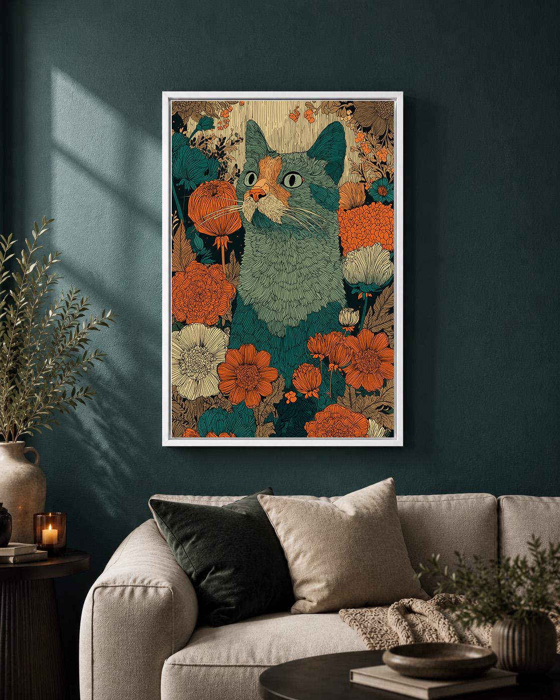 Boho Cat Floral Framed Canvas Art, Teal Orange Folk Whimsical Pet Decor by The Wall Art Studio - physical