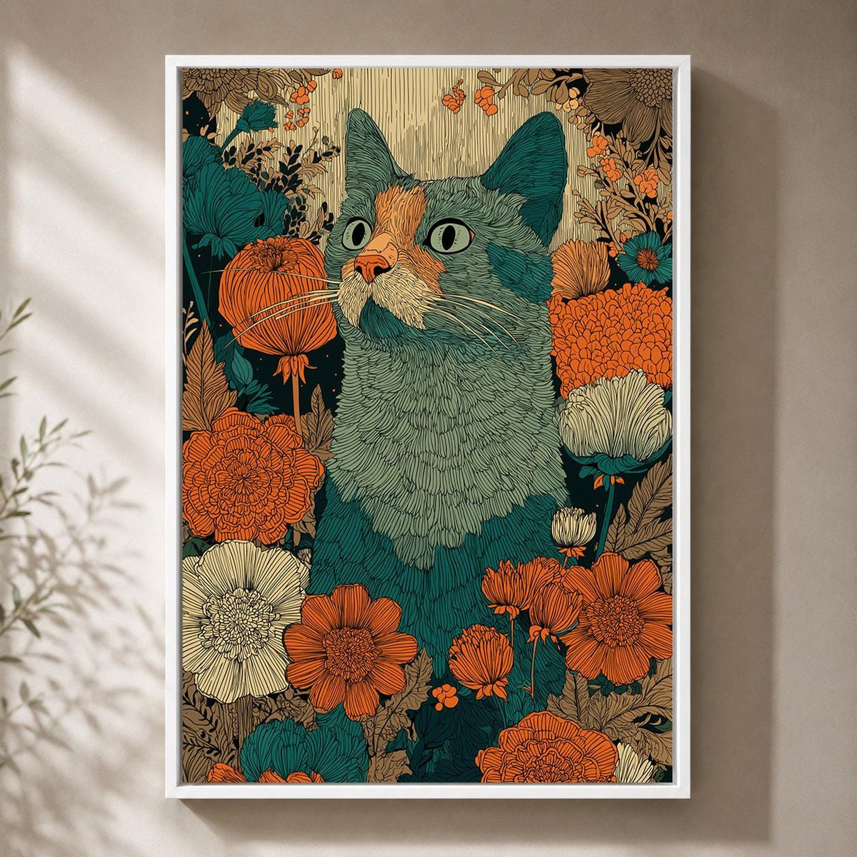 Boho Cat Floral Framed Canvas Art, Teal Orange Folk Whimsical Pet Decor by The Wall Art Studio - physical