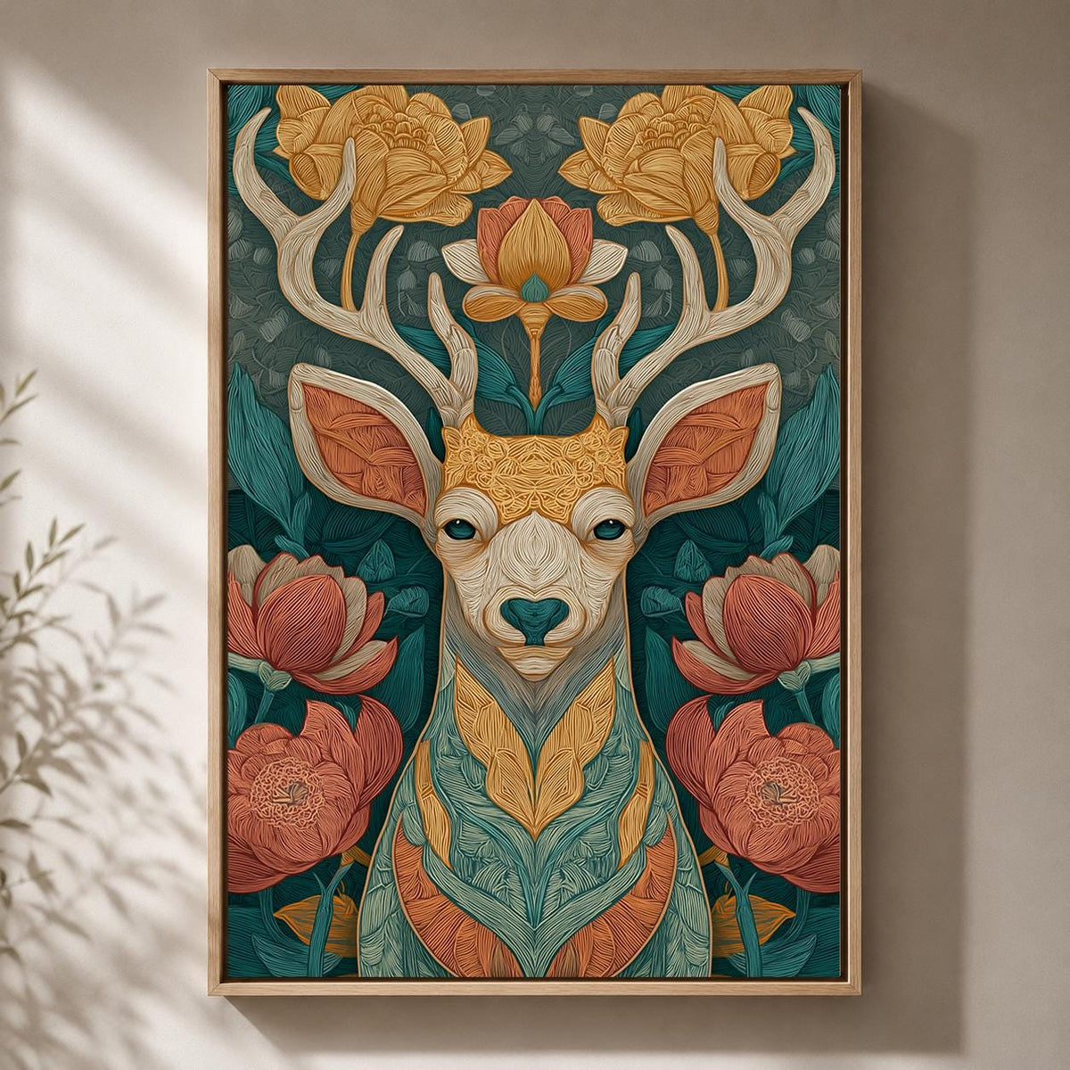 Boho Deer Floral Framed Canvas Wall Art, Woodland Animal Print, Teal Nature Decor by The Wall Art Studio - physical
