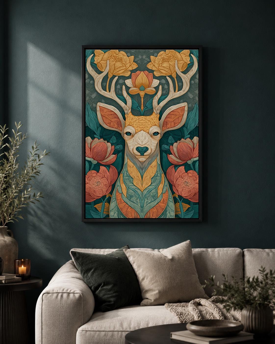Boho Deer Floral Framed Canvas Wall Art, Woodland Animal Print, Teal Nature Decor by The Wall Art Studio - physical