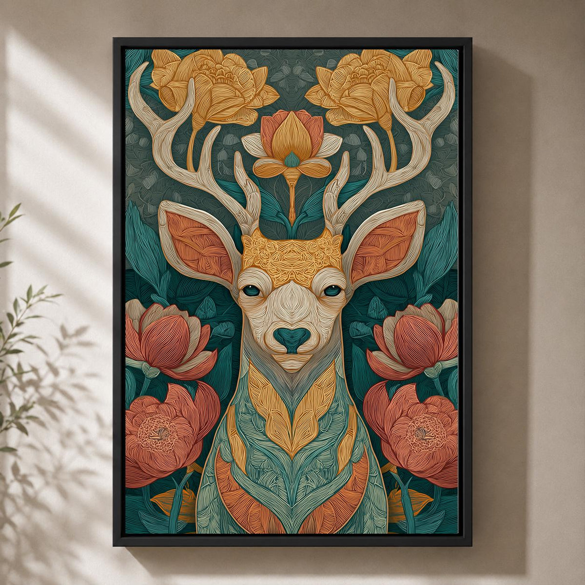 Boho Deer Floral Framed Canvas Wall Art, Woodland Animal Print, Teal Nature Decor by The Wall Art Studio - physical