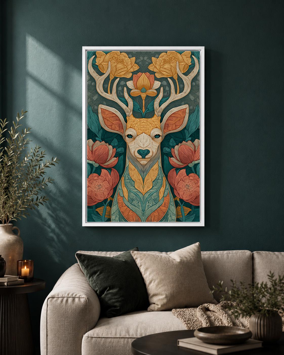 Boho Deer Floral Framed Canvas Wall Art, Woodland Animal Print, Teal Nature Decor by The Wall Art Studio - physical