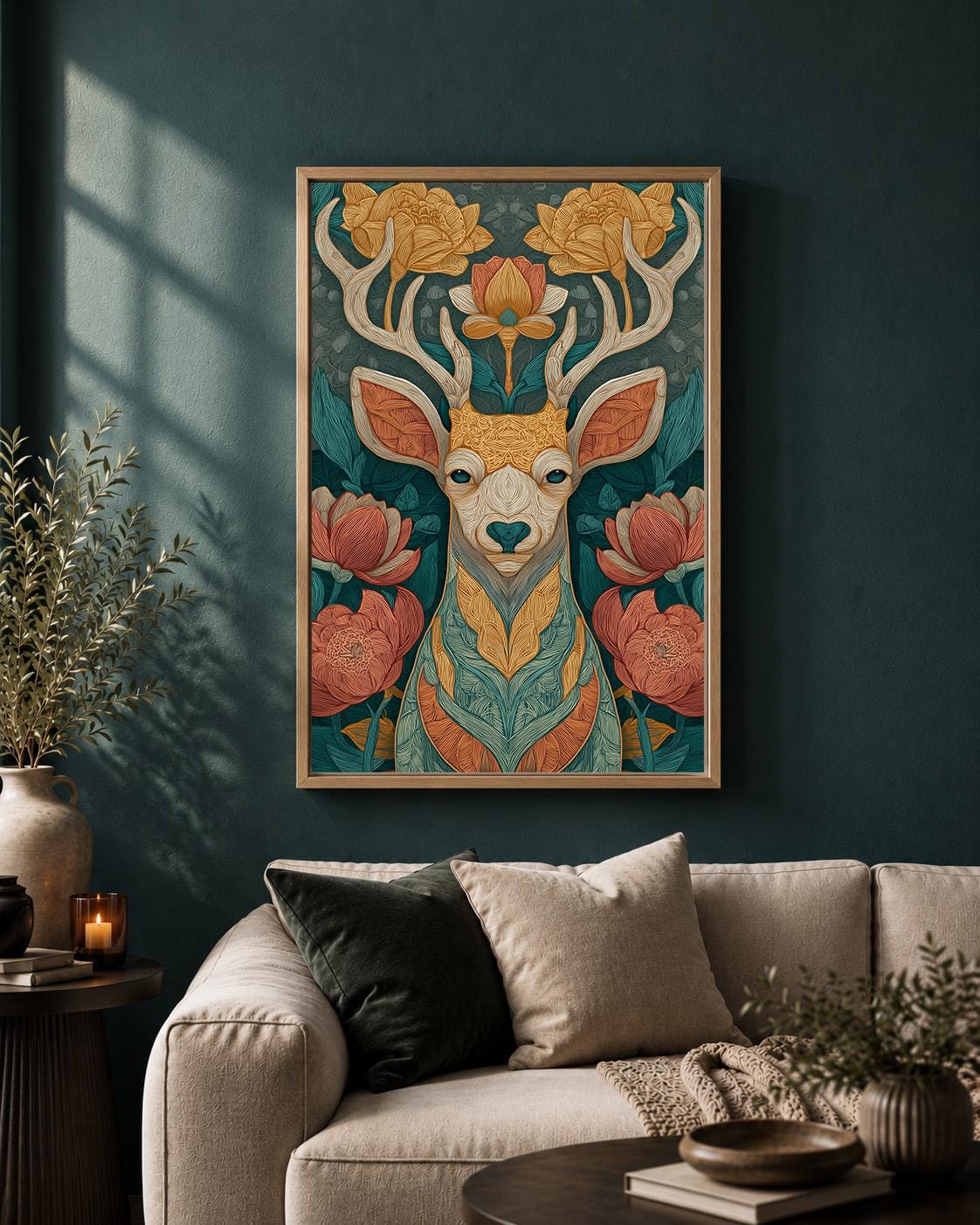 Boho Deer Floral Framed Canvas Wall Art, Woodland Animal Print, Teal Nature Decor by The Wall Art Studio - physical